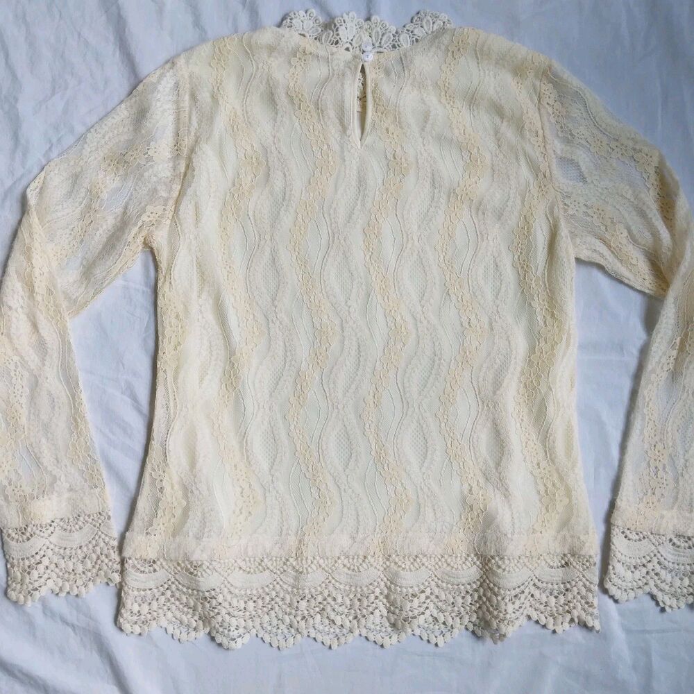 Mystree Ivory Long Sleeve Blouse Crochet Lace Floral Fairy Women’s Size S - Picture 10 of 11